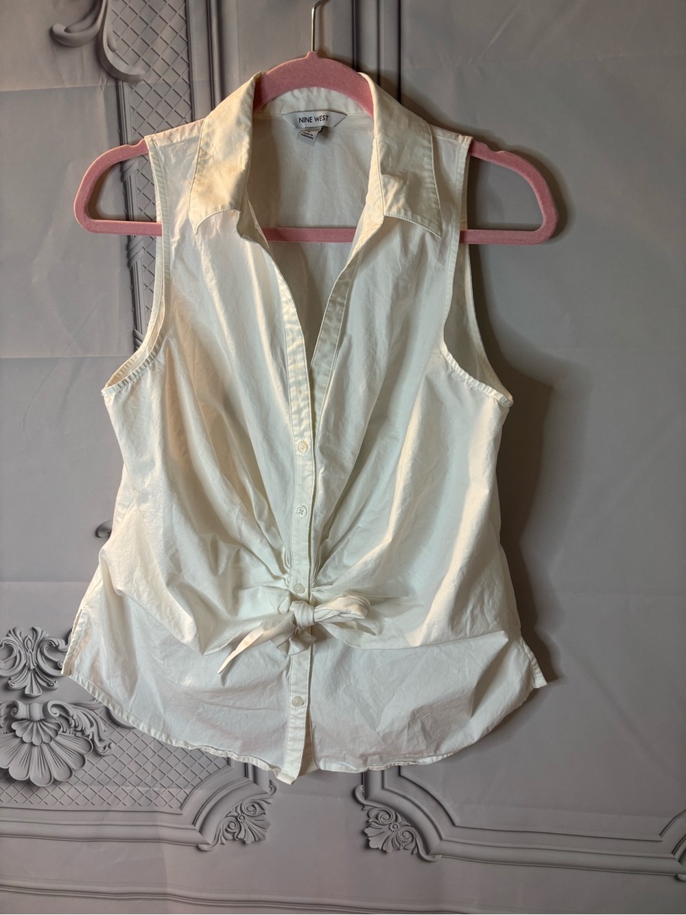 Nine West Women's White  Button-Down Sleeveless Tie-Front Button Shirt, Size L